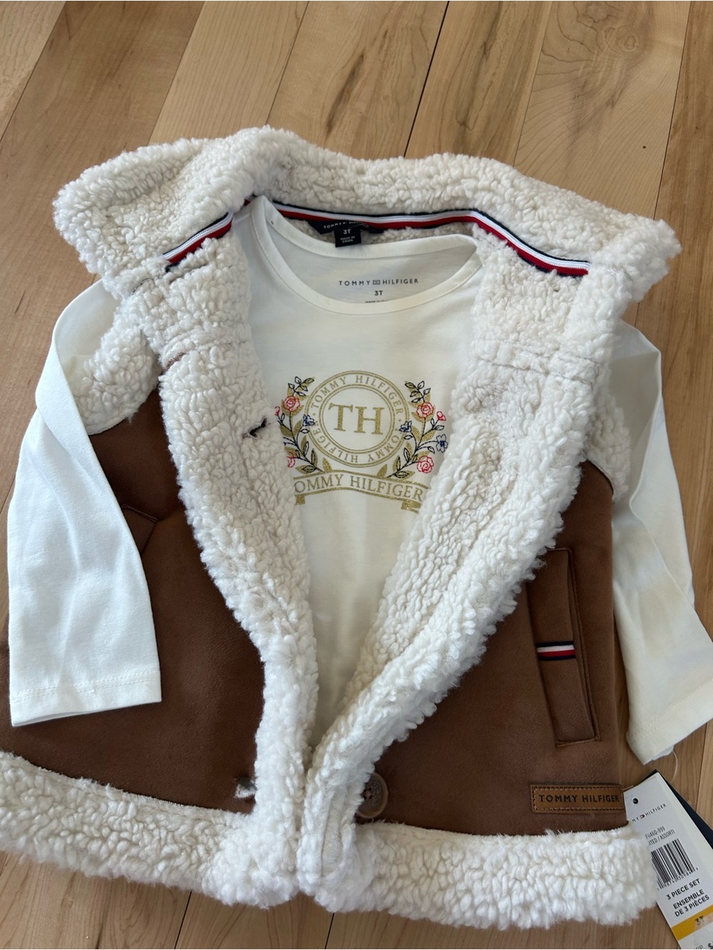 Tommy Hilfiger Kids Brown Vest with White Sherpa Trim and coordinating top